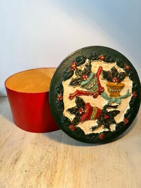 Vintage Hand-Painted Christmas Box Round with Lid 7" Holiday Gifting or Display